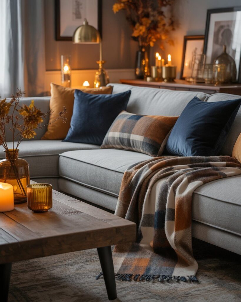 A cozy living room with a grey couch layered with navy blue throw pillows and a knit blanket. The coffee table has amber glassware and a vase of dried eucalyptus.