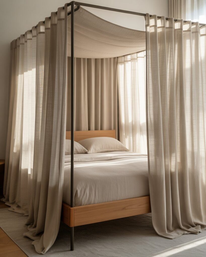 A modern canopy bed with a simple wood frame and sheer linen curtains draped around it, creating a romantic and ethereal look.