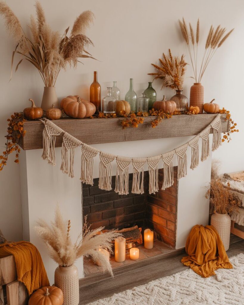 A boho fireplace mantel decorated with a macrame garland, terracotta pumpkins, glass bottles, and dried pampas grass.