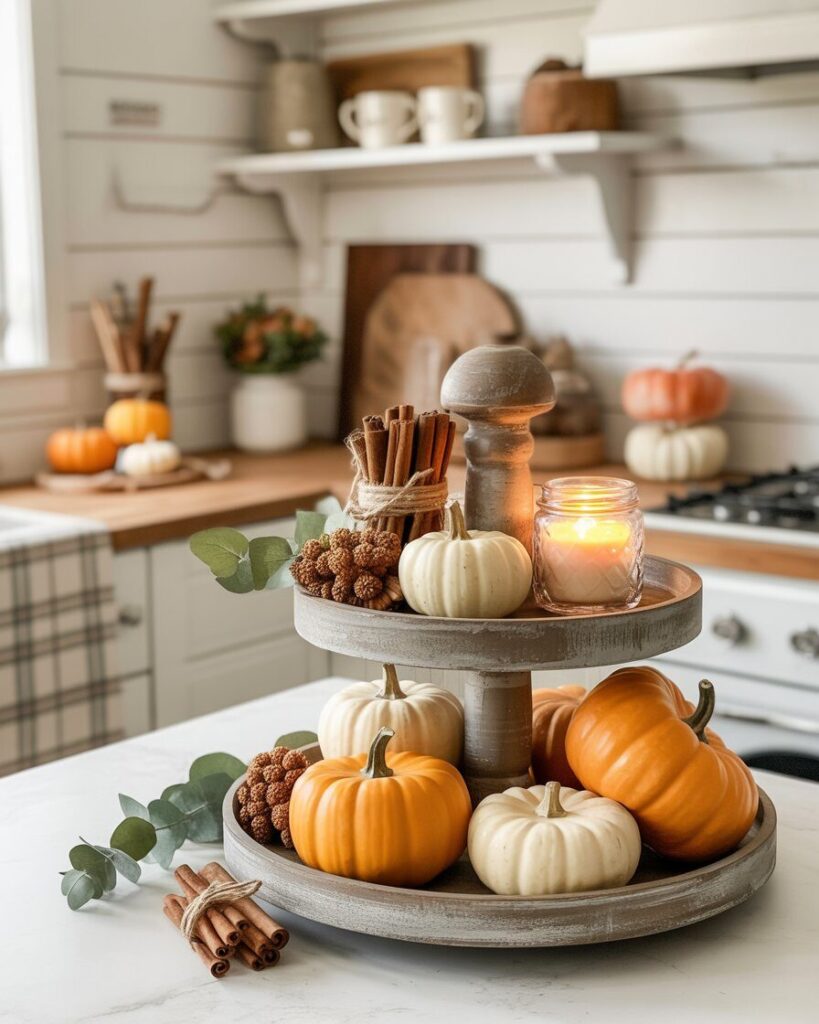 A tiered kitchen tray styled for fall with mini pumpkins, gourds, cinnamon sticks, and a small "Gather" sign.