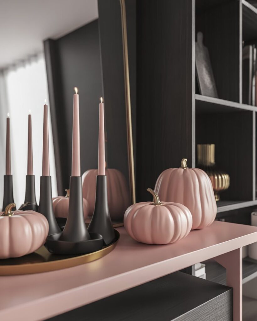 A modern mantel decorated with matte black candle holders and blush-toned pink pumpkins. A black buffalo plaid pillow is on the hearth.