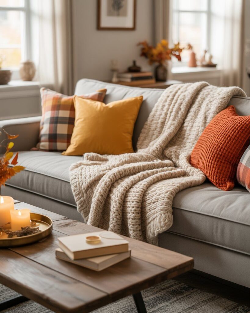 A grey couch layered with a cream knit throw, plaid pillows, and an orange velvet pillow. A vintage leather ottoman is in front.