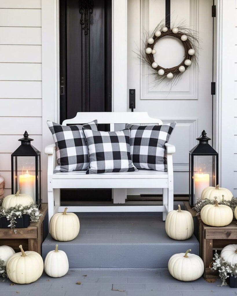 A black and white farmhouse porch with a white bench, black lanterns, buffalo plaid pillows, and white pumpkins on the steps.