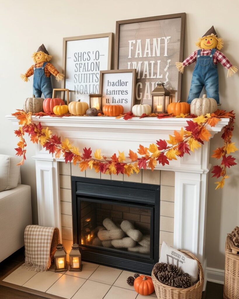A fireplace mantel decorated with budget-friendly items from a dollar store, including a faux leaf garland, painted pumpkins, and small lanterns.