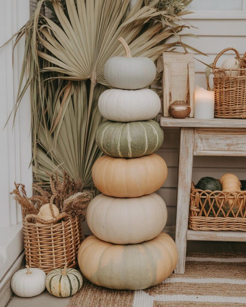 A boho pumpkin stack with neutral-colored gourds, dried palm leaves, and pampas grass placed inside a woven jute basket.