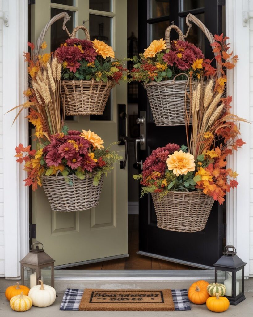 A front door with a rustic hanging basket filled with faux mums, wheat, and pumpkins, tied with a navy ribbon.