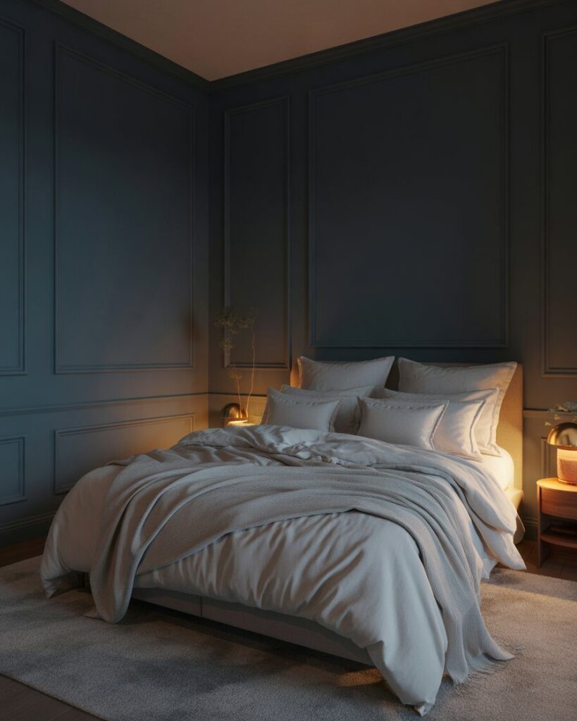 A cozy bedroom with walls painted in a deep, moody forest green, contrasted by lighter-colored bedding and decor.