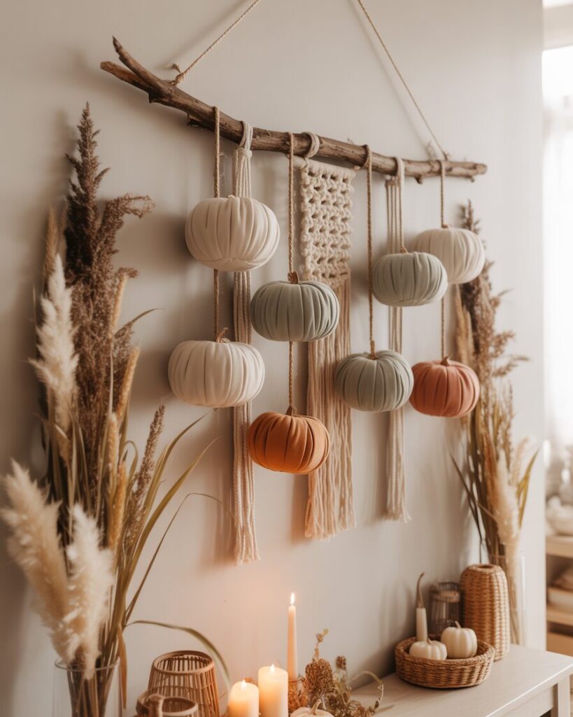 A DIY wall art installation featuring fabric pumpkins hanging from a branch, with macramé fringe and dried pampas grass.