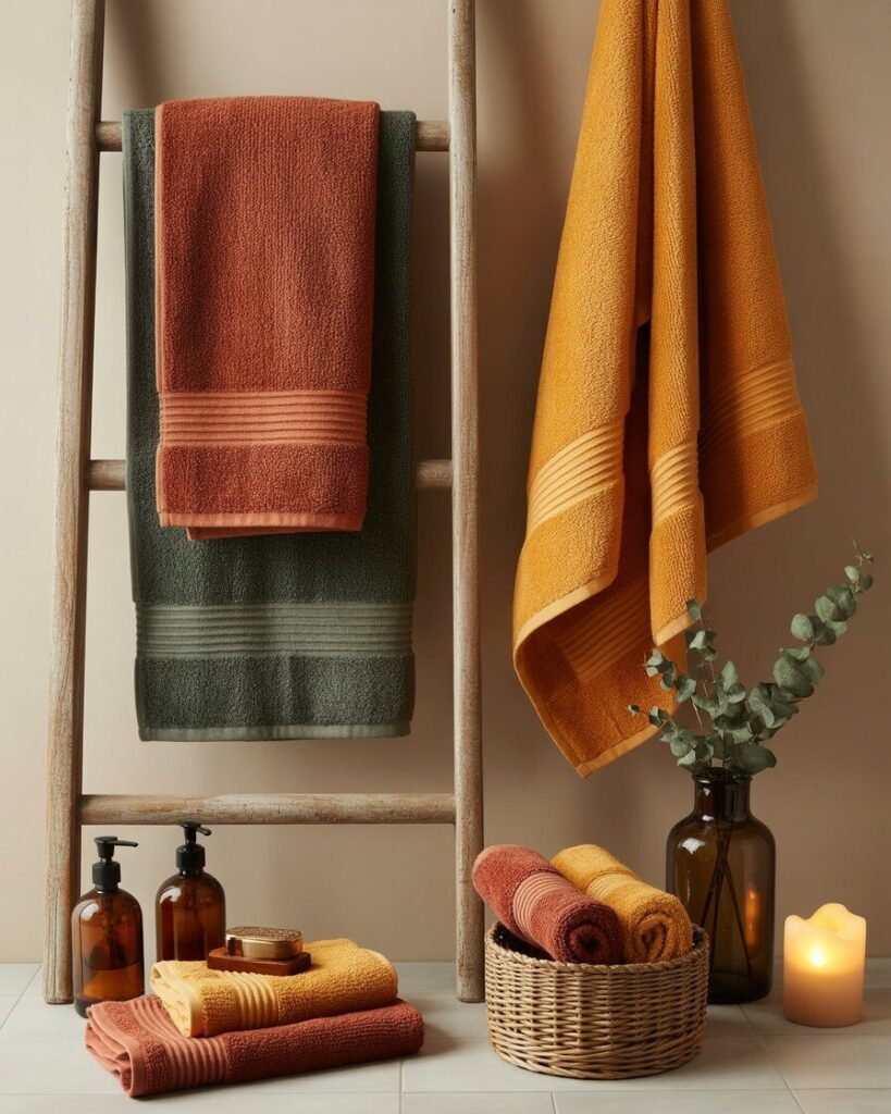 A stack of plush bath towels in warm fall colors like rust and mustard yellow, neatly folded on a bathroom shelf.