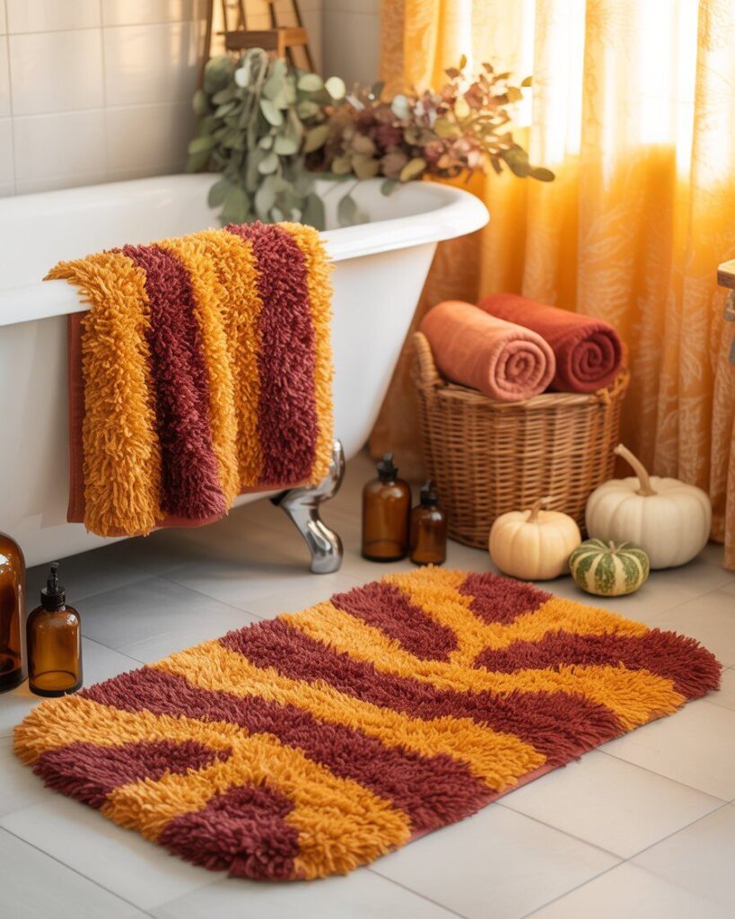 A fluffy, neutral-colored bath mat on a tile floor in front of a white vanity, adding a cozy texture to the bathroom.