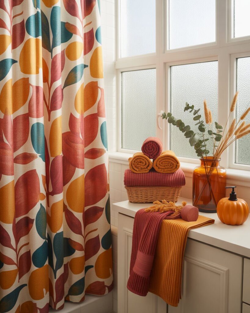 A shower curtain with a subtle, elegant fall leaf pattern in muted tones, hanging in a modern bathroom.