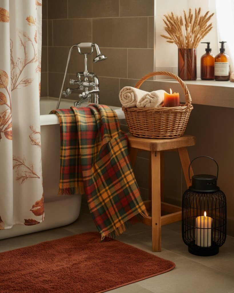 A small, folded flannel blanket with a classic plaid pattern draped over a wooden stool in a bathroom.