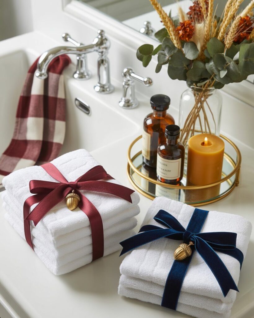 A stack of neatly folded white hand towels tied with a decorative burgundy ribbon, placed on a bathroom counter.