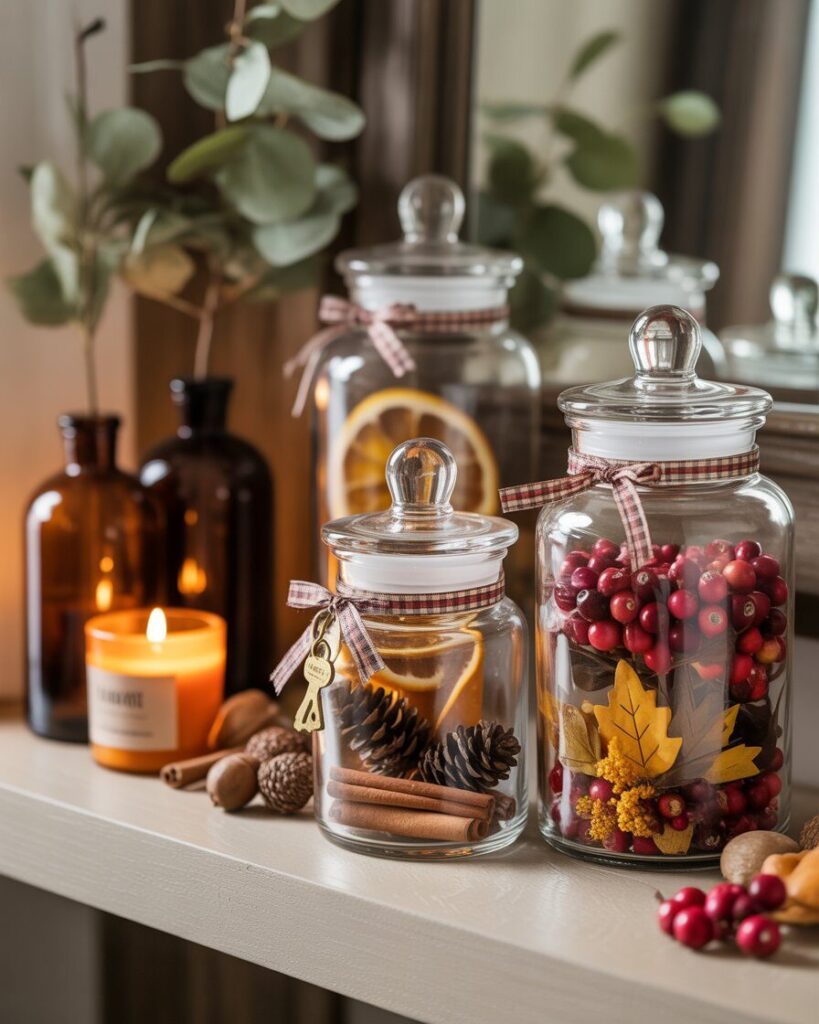 Clear apothecary jars filled with a mix of acorns, small pinecones, and dried fall potpourri, displayed on a bathroom vanity.