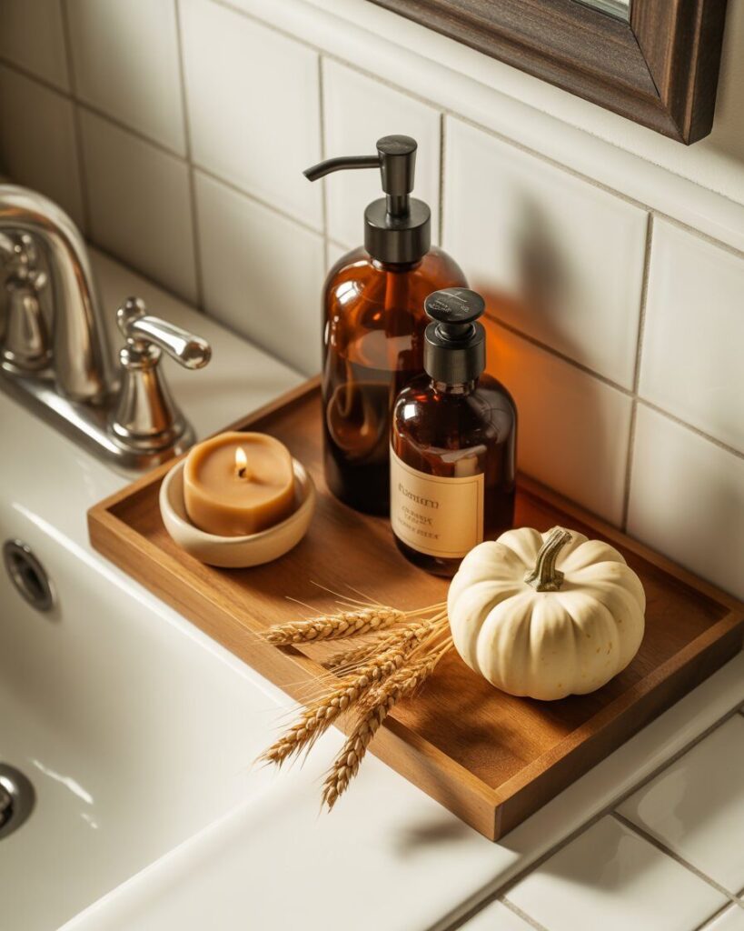A wooden tray holding a bottle of hand soap and a small plant, neatly organized on a bathroom countertop.