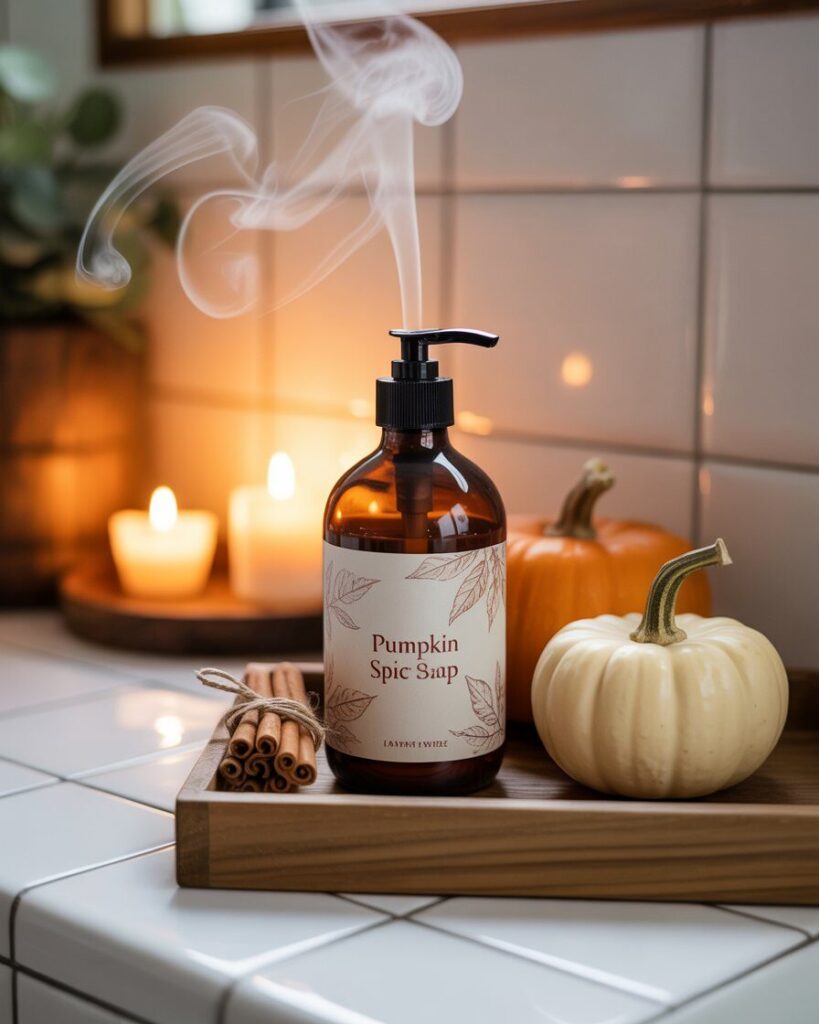 A bottle of luxurious hand soap with a fall-themed label, such as "Pumpkin Spice," placed on a bathroom sink.