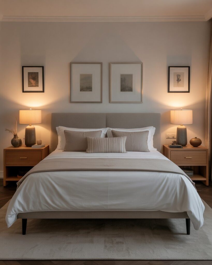 A bedroom with a perfectly symmetrical layout, featuring two identical nightstands and matching lamps on either side of a bed.