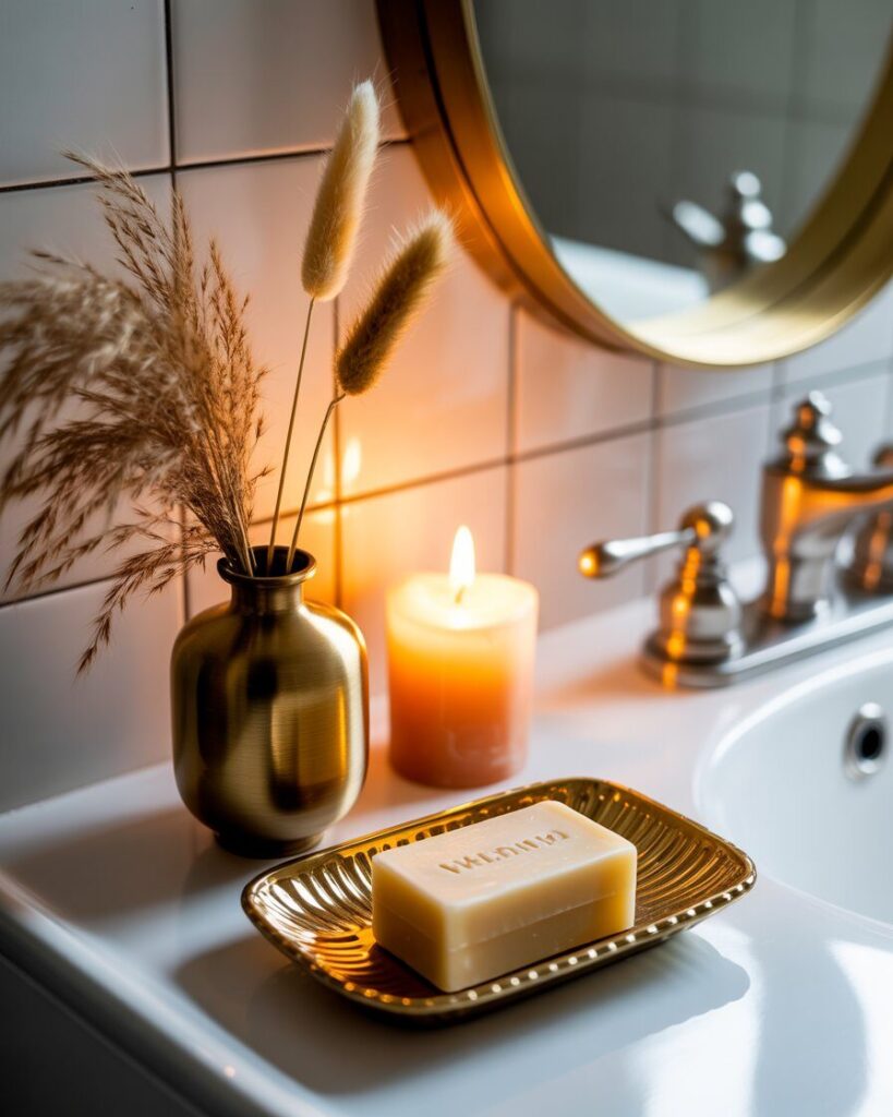 A close-up of a bathroom counter with a brass-colored soap dish and a small decorative gold accent piece.