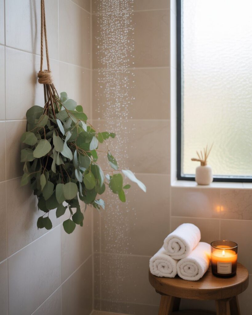 A fresh bundle of eucalyptus branches hanging from a showerhead inside a tiled shower.