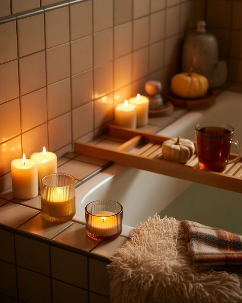 Two warm-toned pillar candles and a small votive candle flickering softly on a ceramic tray in a bathroom.