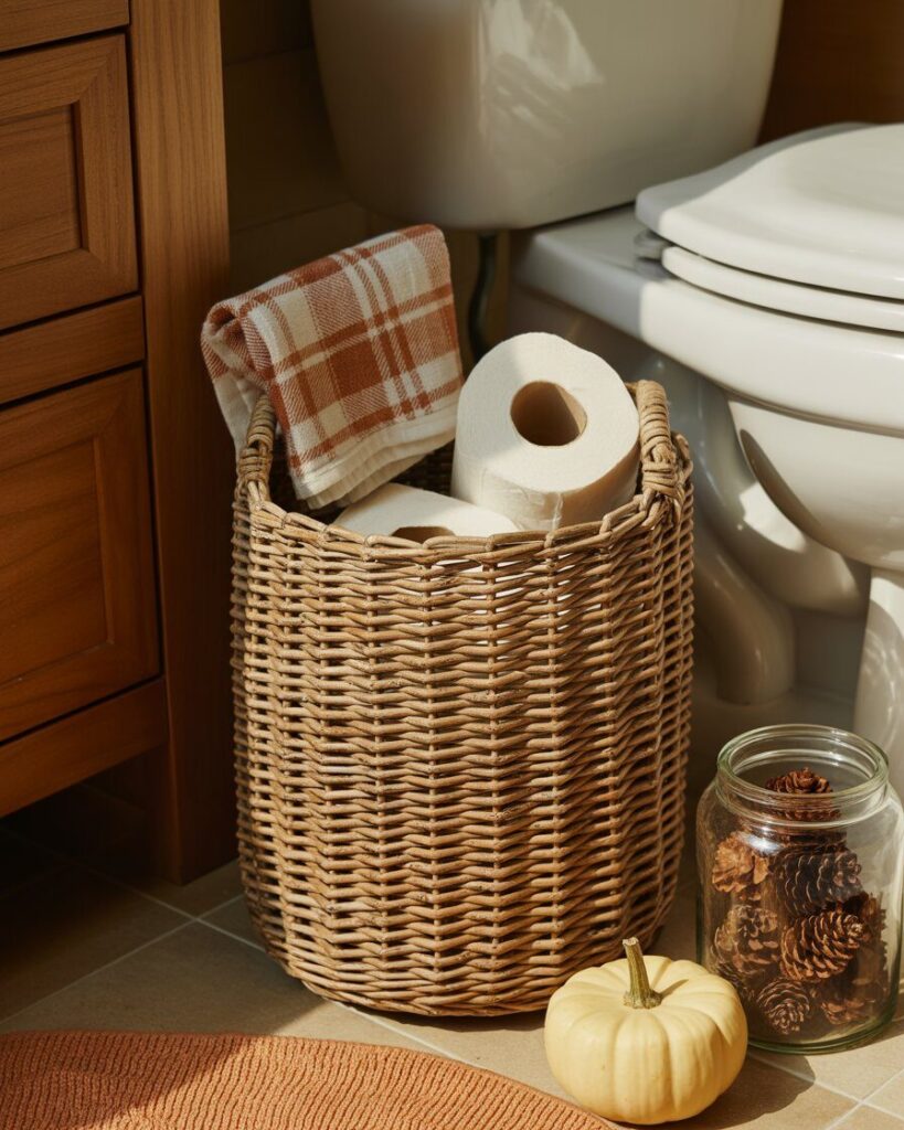 A small, round woven basket neatly holding a stack of toilet paper rolls on the floor next to a toilet.