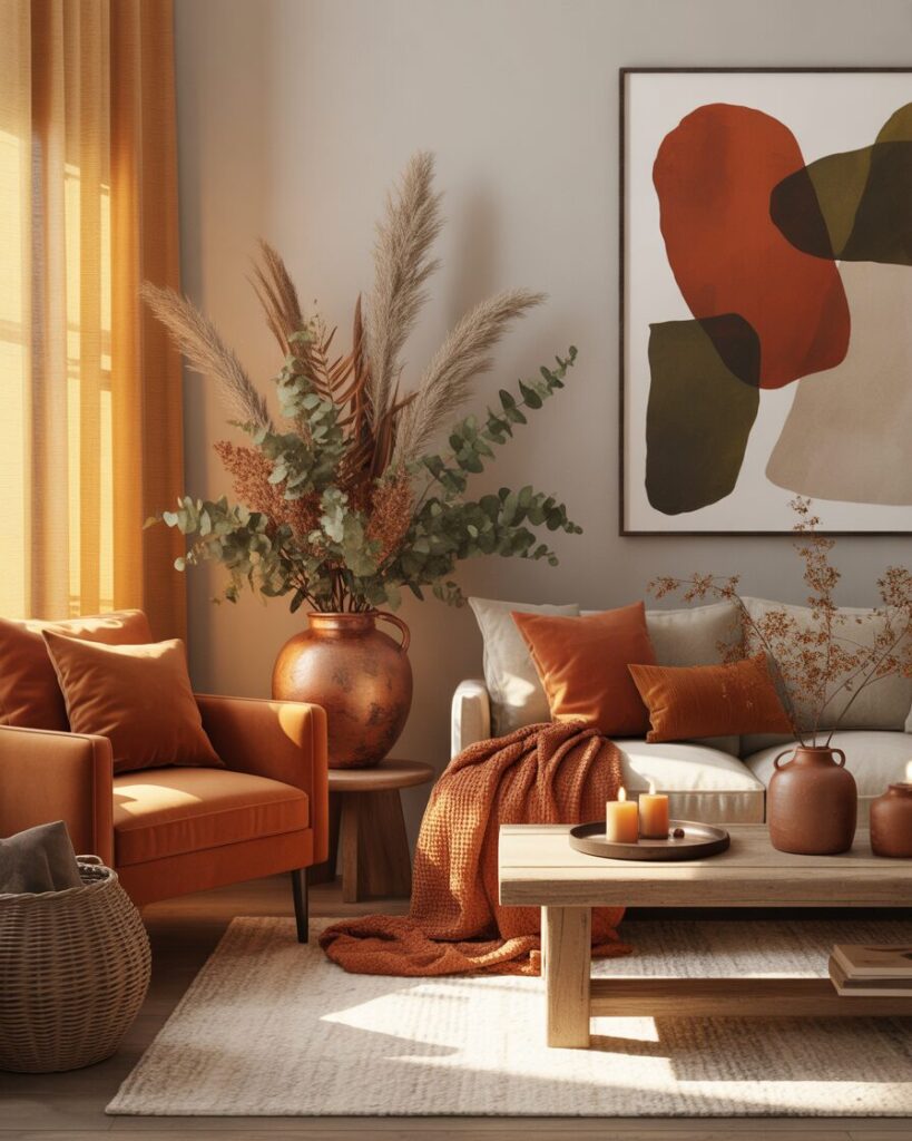 Cozy fall living room in warm earthy tones with burnt orange, terracotta, and olive accents.