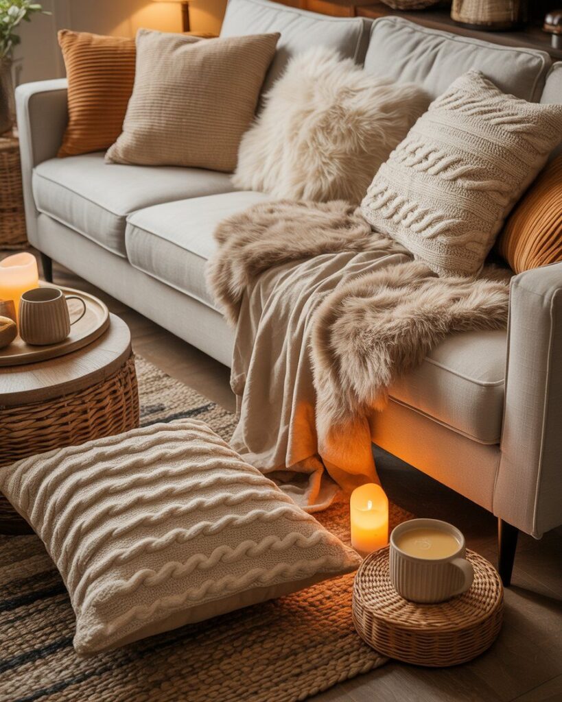 Cozy fall living room with layered textures—knits, bouclé, corduroy, and wool for a warm autumn retreat.