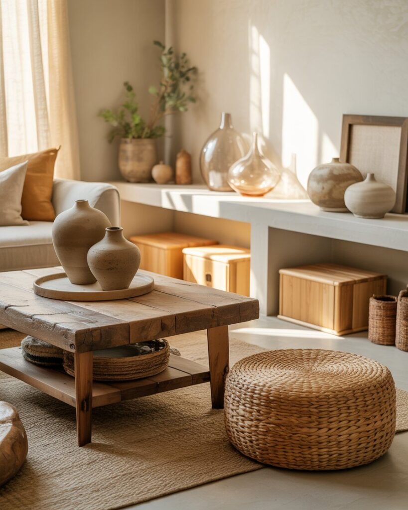 Sustainable fall living room with reclaimed wood, jute rug, bamboo storage, and recycled glass accents.