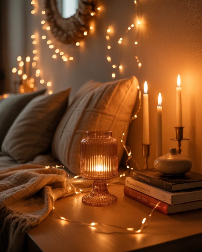 Cozy fall room with amber lamps, taper candles, and fairy lights creating warm moody ambient lighting