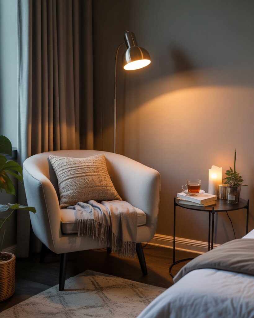 A cozy reading nook in a bedroom corner, with a comfortable armchair, a soft throw blanket, and a floor lamp.