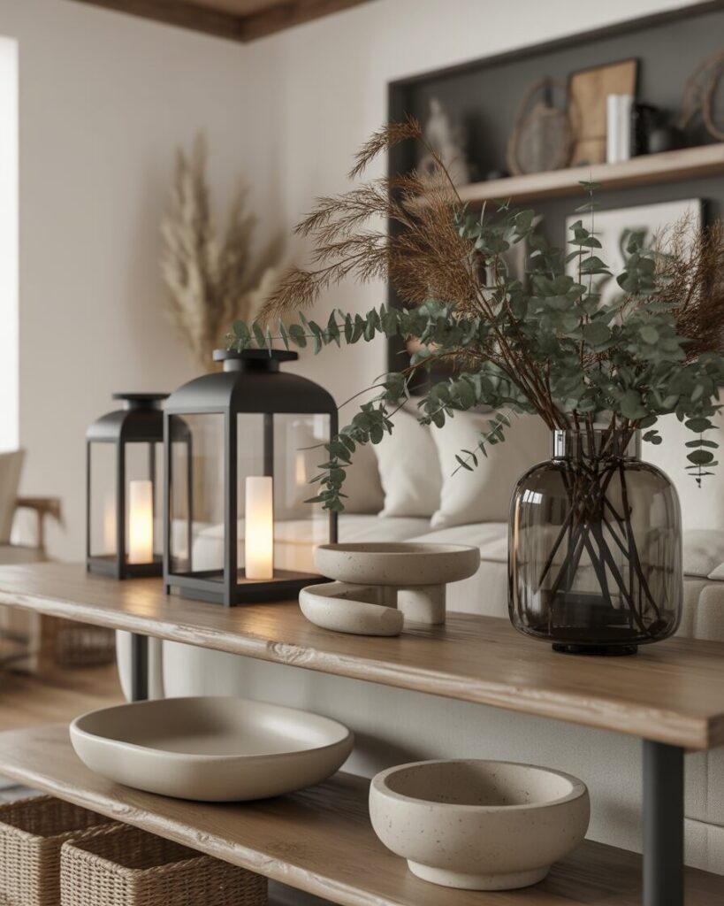 Modern farmhouse living room with matte black accents, polished wood, stone bowls, and eucalyptus décor