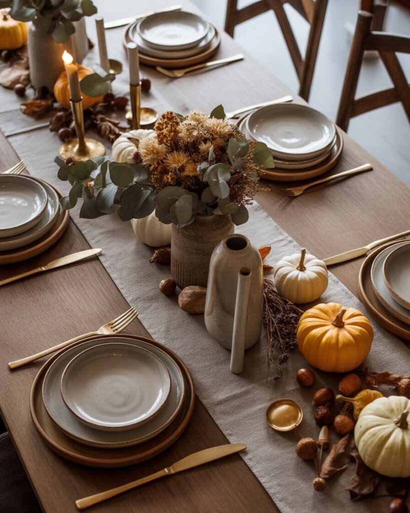 Fall tablescape with linen runner, ceramic plates, gold flatware, and mini pumpkins for seasonal charm