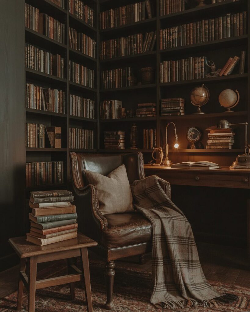Dark academia study with dark wood furniture, leather armchair, plaid accents, and classic book stacks