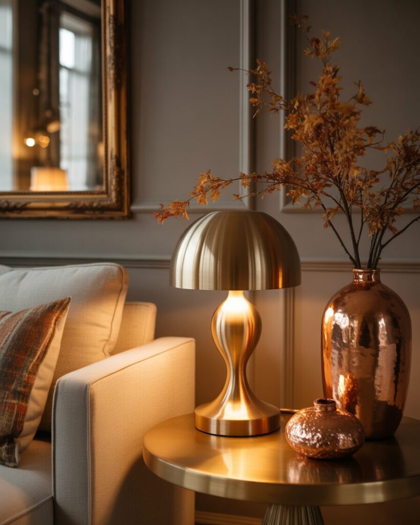 Cozy fall living room with brass lamp, copper vase, and gold-framed mirror for warm metallic accents