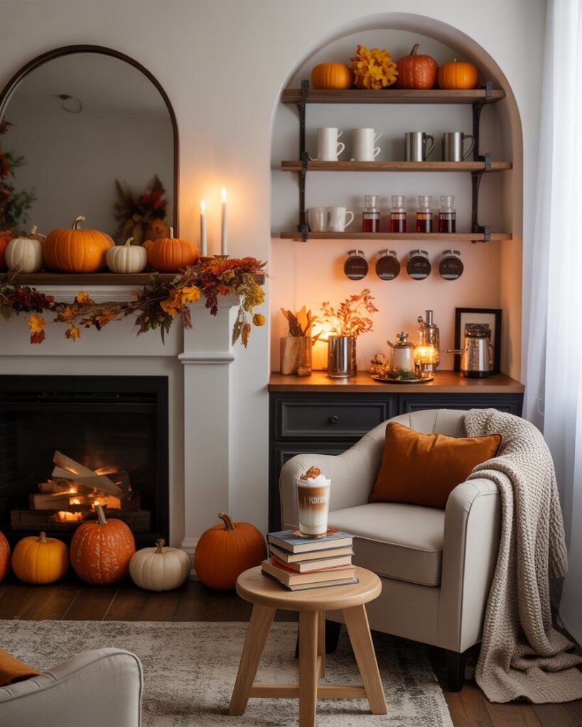 Cozy fall corner with pumpkin mantle, coffee bar, and reading nook with armchair and books