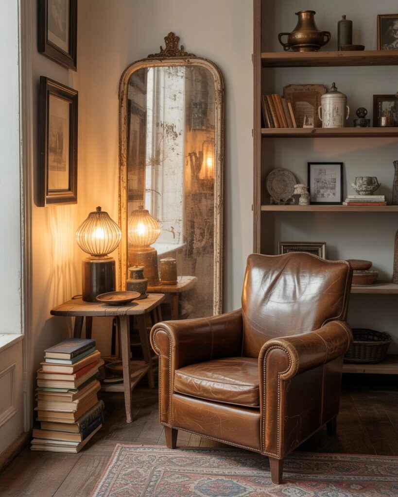 Cozy vintage room with worn leather chair, antique mirror, and stack of old books for imperfect charm
