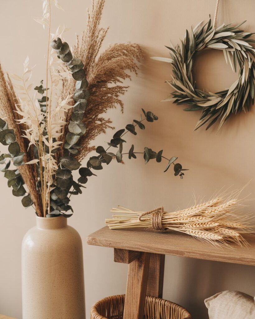 Fall décor with dried eucalyptus, pampas grass, wheat stalks, and olive branch wreath in muted tones