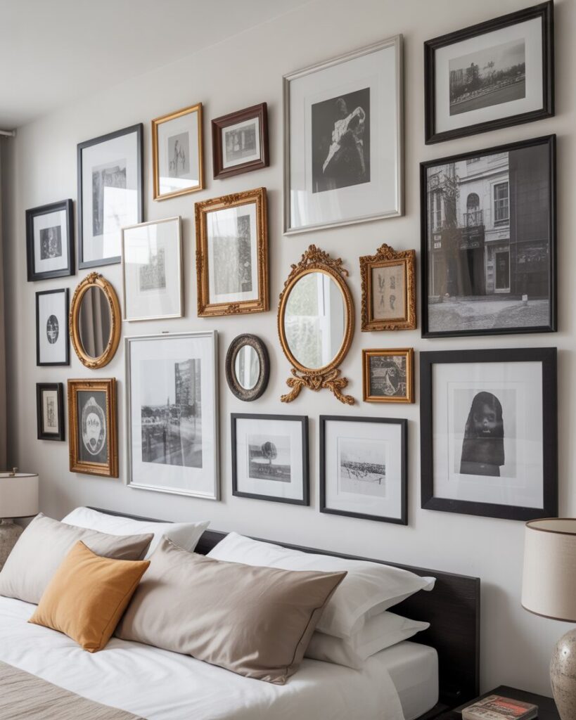 A bedroom wall decorated with an eclectic, personalized gallery wall featuring a mix of different-sized frames, art, and personal photographs.