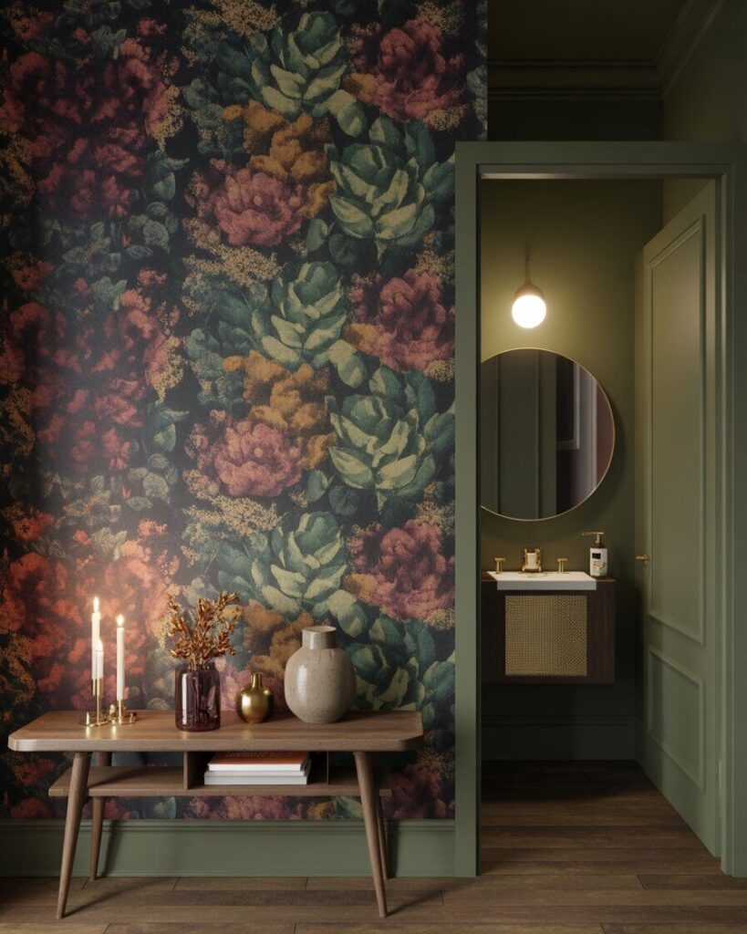 Accent wall with bold botanical wallpaper in dark florals creating a dramatic fall statement