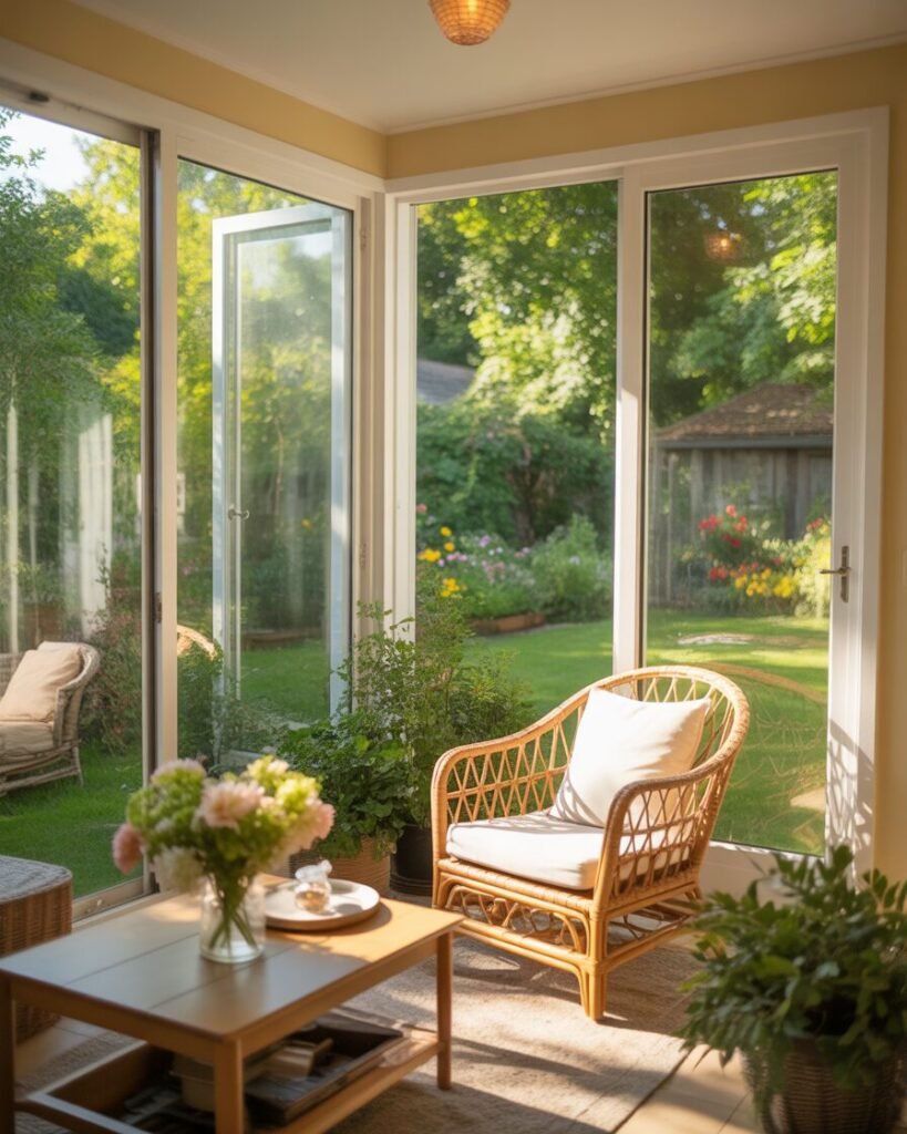 Sunroom with large windows overlooking a lush garden, filled with sunlight and greenery.