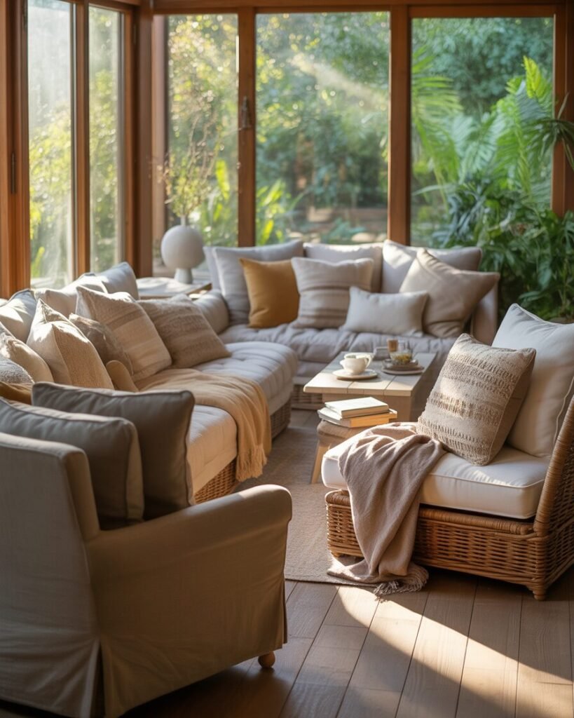 Sunroom with plush armchairs, cushioned sofas, and pillows for cozy seating.