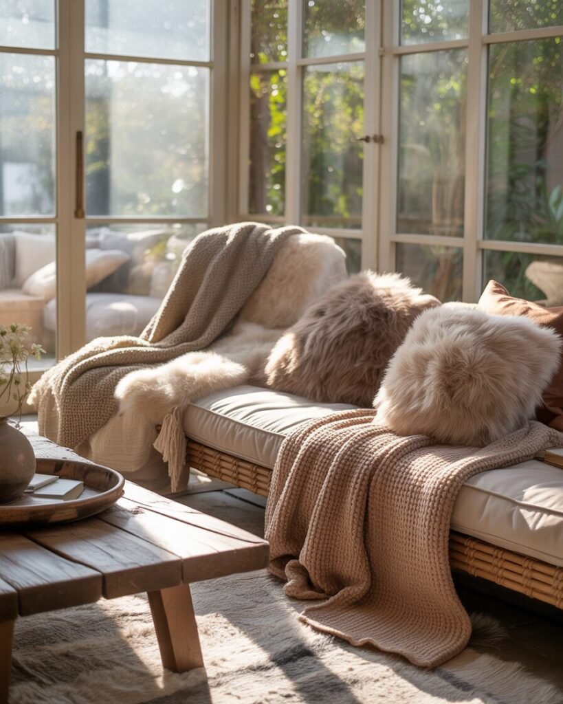 Sunroom layered with soft rugs, throws, and cushions for warmth and comfort.