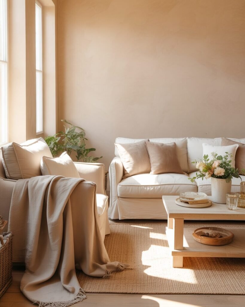 Sunroom decorated in warm neutral tones with cozy furniture and sunlight streaming in.