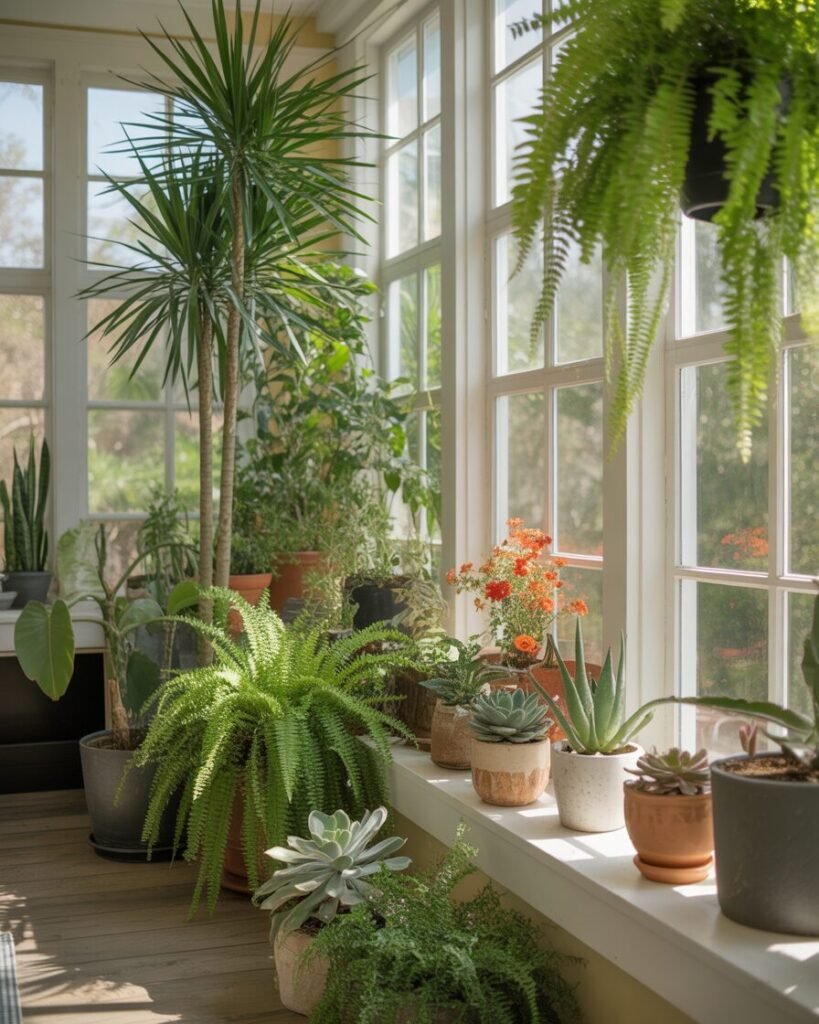 Sunroom filled with potted plants, ferns, and indoor greenery.