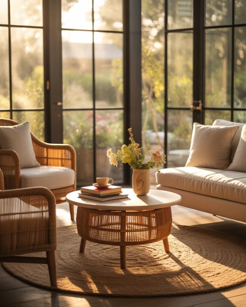 Sunroom with a wooden coffee table surrounded by plush seating and décor items.