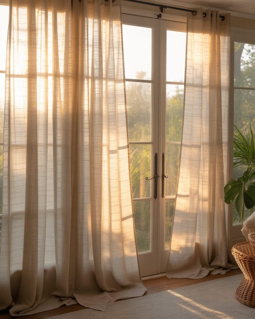 Sunroom windows adorned with sheer linen curtains, softly diffusing sunlight.
