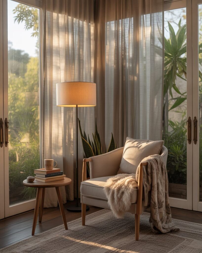 Cozy reading nook in a sunroom with armchair, small table, and books.