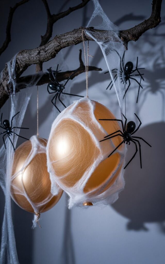 Spider egg sacs hanging from garden trees as spooky Halloween decor.