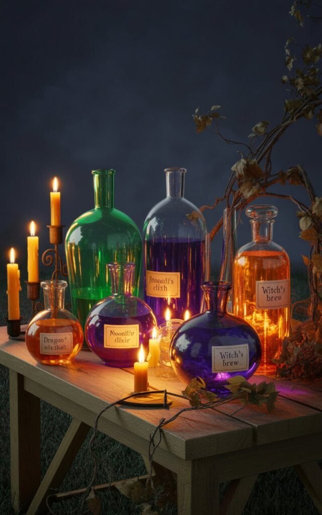 Glowing Halloween potion bottles displayed on a spooky garden table.