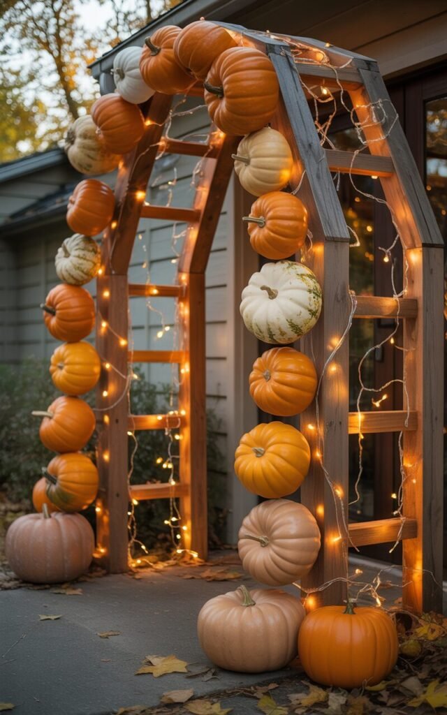 Pumpkin and twinkle light archway creating a glowing Halloween garden entrance.